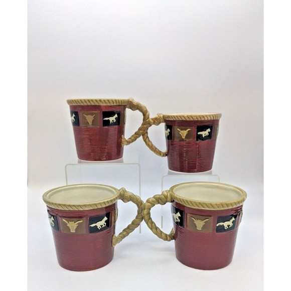 Sonoma Home Happy Trails Red 16 oz Ceramic Coffee Tea Mugs Western Horse Set 4 - Picture 4 of 10